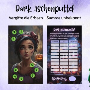 Puede incluir: Impresi&oacute;n digital con tem&aacute;tica de fantas&iacute;a oscura. La obra de arte incluye un retrato de una mujer con puntos de sutura en la cara, una calabaza y un tablero de juego con el texto "Dark Aschenputtel". Tambi&eacute;n hay una botella de poci&oacute;n verde.