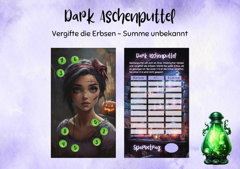 Puede incluir: Impresi&oacute;n digital con tem&aacute;tica de fantas&iacute;a oscura. La obra de arte incluye un retrato de una mujer con puntos de sutura en la cara, una calabaza y un tablero de juego con el texto "Dark Aschenputtel". Tambi&eacute;n hay una botella de poci&oacute;n verde.
