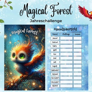 Könnte beinhalten: Ein druckbarer monatlicher Challenge-Tracker mit einem magischen Wald-Thema. Der Tracker zeigt eine farbenfrohe Illustration einer Eule in Blau-, Orange- und Gelbtönen. Der Tracker enthält eine Liste der Monate und Spalten für Herausforderungen und Punkte.