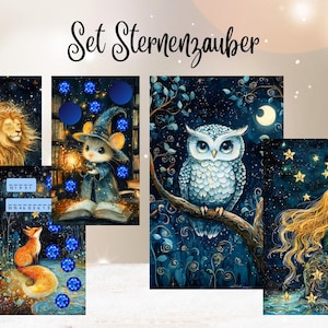 Könnte beinhalten: Ein Set aus fünf Fantasy-Kunstdrucken mit einem Löwen, einer Mäusehexe, einer Eule, einem Fuchs und einer Meerjungfrau. Jeder Druck hat einen dunkelblauen Nachthimmelhintergrund mit Sternen und anderen himmlischen Elementen. Der Text "Set Sternenzauber" steht oben.