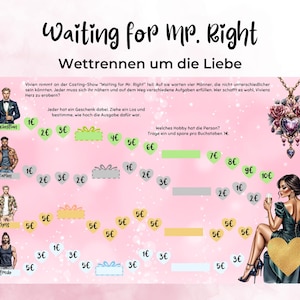 Könnte beinhalten: Rosa Grafik mit dem Text "Waiting for Mr. Right" und "Wettrennen um die Liebe". Das Bild zeigt ein Spiel mit vier männlichen Figuren, Herzen und Geschenkboxen. Eine Frau sitzt mit einem Glas.