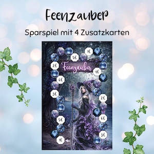 Könnte beinhalten: Ein Fantasy-Brettspiel mit dem Titel "Feenzauber" und dem Text "Sparspiel mit 4 Zusatzkarten". Das Spielbrett zeigt eine mystische Illustration einer Frau in lila Kleid und Hut, die einen Stab hält. Das Brett hat verschiedene nummerierte Felder.