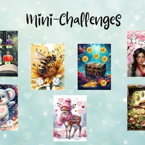 Könnte beinhalten: Eine Sammlung von sieben Mini-Challenges Spielkarten mit verschiedenen Illustrationen, darunter Zaubertränke, eine Biene auf einer Sonnenblume, eine Schatztruhe, eine Person, ein Koala, ein Rehkitz und Pilze, verziert mit Zahlen und Würfeln.