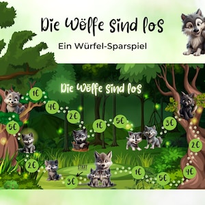 Die Wölfe sind los || Abenteuer-Sparspiel || laminiert, mit 2 Magneten, 1 mini-Würfel und einer dazugehörigen Klappkarte