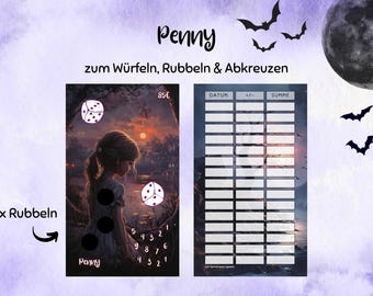 Puede incluir: Una hoja de juego con la palabra "Penny" en la parte superior, con ilustraciones de una niña y dados. La hoja incluye espacios para marcar y una sección etiquetada como "3x Rubbeln". Murciélagos y una luna en el fondo.