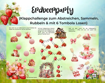 Erdbeerparty || Klappchallenge zum Abstreichen, Rubbeln und mit Tombola-Losen || Print mit 300g Papier - passend für A6 Zippertaschen