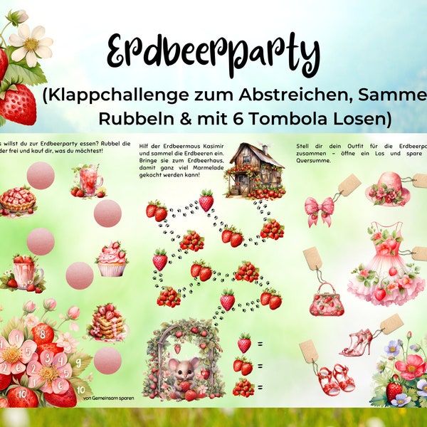 Strawberry party || Folding challenge to cross off, scratch off and with tombola tickets || Print with 300g paper - suitable for A6 zipper bags