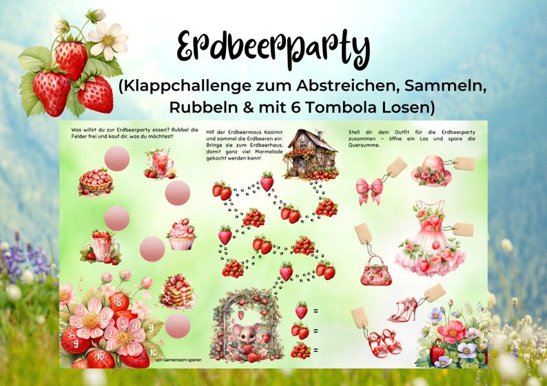 Erdbeerparty Klappchallenge zum Abstreichen, Rubbeln und mit Tombola-Losen Print mit 300g Papier passend für A6 Zippertaschen Bild 1