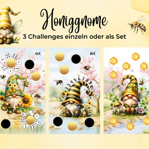 Honiggnome als Set oder Einzelchallenges 3 verschiedene Sparchallenges Print mit 300g Papier passend für A6 Zippertaschen Bild 1