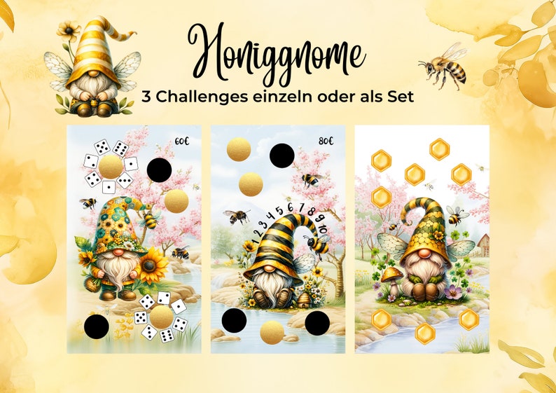 Honiggnome als Set oder Einzelchallenges 3 verschiedene Sparchallenges Print mit 300g Papier passend für A6 Zippertaschen Bild 1