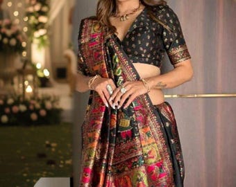 Rajwadi pashmina zijden sari | Kasjmier geweven pallu-sari met zari-rand | Indiase bruiloft en feestelijke sari voor vrouwen