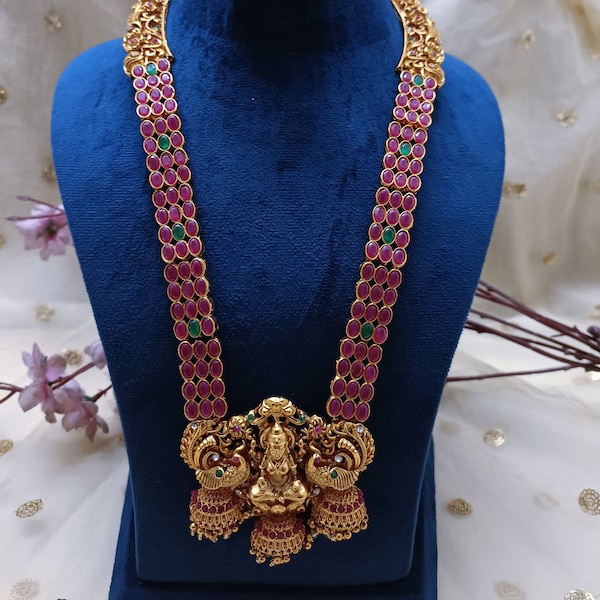 Antique Long Matte Golden Laxmi Temple South Indian Necklace Set/ Raani Haar/ Choker Set/ Vintage / Bollywood Indian Jewelry/ Free Shipping