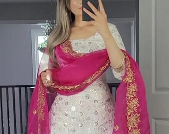 Embroidered Faux Georgette Kurta Patiyala, Net Dupatta - Punjabi Bridesmaid Dress
