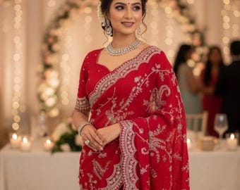 Elegant Party Wear Red Vichitra Silk Sequnce With Thred work Saree