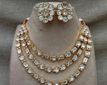 Sehr feine ungeschnittene Polki Kundan 3-Schicht-Halskette CZ Diamant-Halskette mit Ohrstecker / Kristall-Halsreif / indischer Halsreif / Hollywood-Hochzeitsschmuck