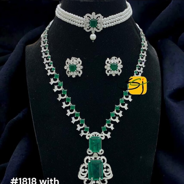 Nita Ambani inspired Emarald long CZ necklace Combo 2 Sets with Bracelet, Ring & Mangtika/  Statement necklace/ Party Wear Cocktail Jewelry