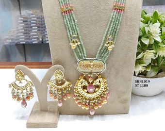 Rosso verde Meena Lavoro indiano Kundan perla con orecchini Collana con gioielli di moda in oro Set lungo per le donne Set di gioielli lunghi da sposa Nozze Gioielli Parure di gioielli 