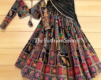 Spiegel Handarbeit Lehenga Choli mit Dupatta: Digitaldruck Indianer Outfit