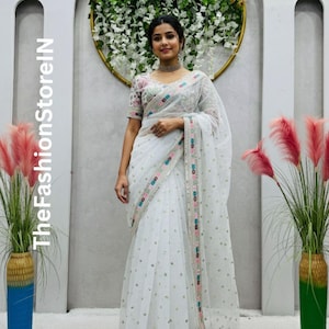White Organza Silk Saree, Thread, Sequence & Moti Work, Wedding Festive Saree
