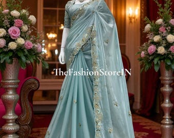 Sari azul claro brillante: bordado dorado, estilo Bollywood