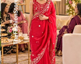 Royal Red Heavy Fendy Silk Saree with Thread & Sequin Embroidery