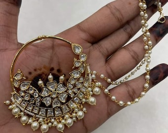 Kundan Polki Nath, Jadau Indian Bridal Nose Ring with Pearl Chain
