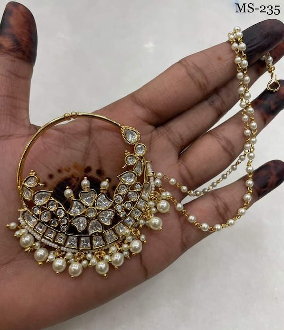 Kundan Polki Nath, Jadau Indian Bridal Nose Ring with Pearl Chain