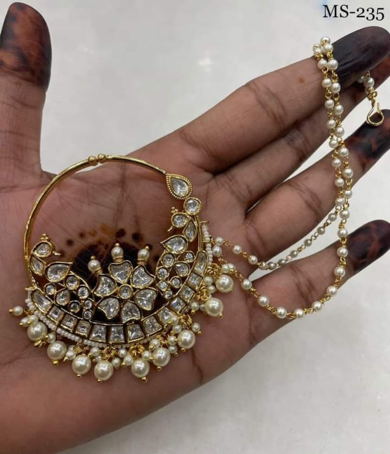 Kundan Polki Nath,Jadau Sabyasachi Kundan Polki nath with pearl chain ,Nose Ring, Sabyasachi jewelry, Indian Jewelry, Bridal/Wedding Jewelry