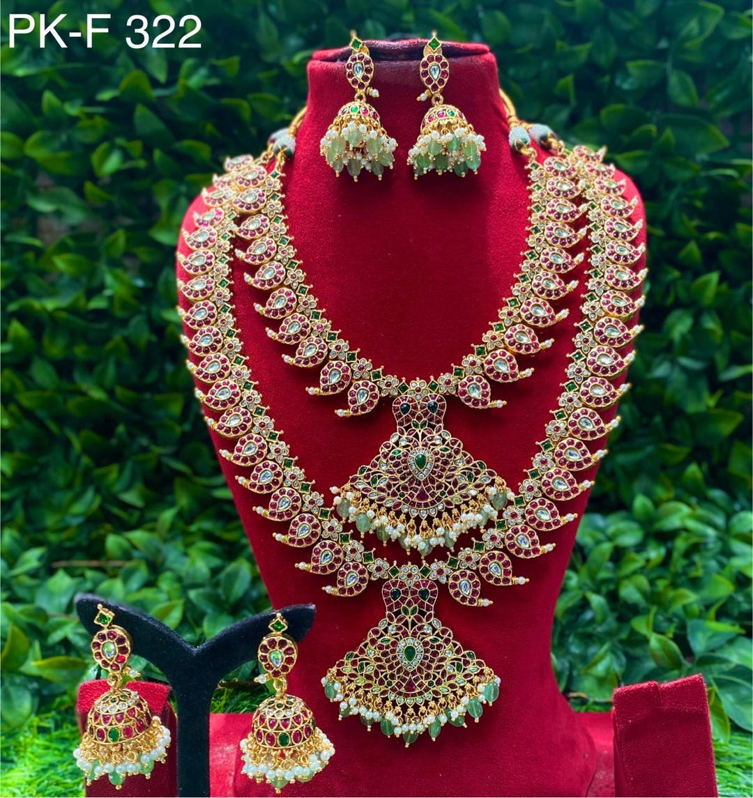 South Indian Temple Necklace Set: Gold Haram With Ruby & Green Stones ...
