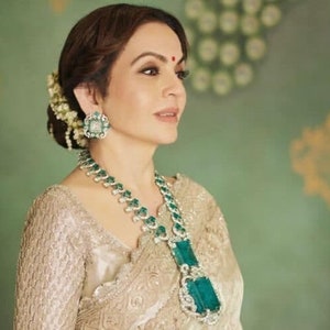 Nita Ambani inspired Emarald long CZ necklace Statement necklace / Celebrity jewelry /american diamond Set / american diamond necklace