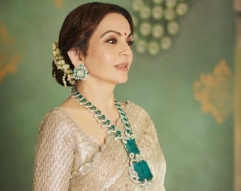 Nita Ambani geïnspireerd Emarald lange CZ ketting Statement ketting / Celebrity sieraden / Amerikaanse diamantenset / Amerikaanse diamanten halsketting