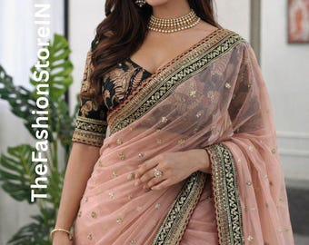 Saree van keperstof | Draad- en pailletten, banglori-zijden blouse