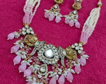 Collana con diamanti non tagliati Polki CZ, girocollo, matrimonio indiano, Bollywood, gioielli in oro rubino, collana dell'India meridionale, gioielli da festa