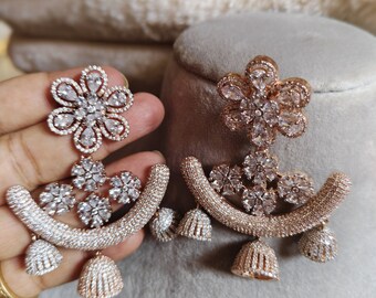 Grand Celebrity Rose Gold American Diamond Big Size Earrings Indian ad CZ  Earrings Bridal Wedding Pakistani Indian Bollywood Earrings