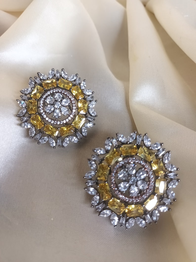 Silver American Diamond Big Size Stud Earrings Indian Studs CZ Earrings