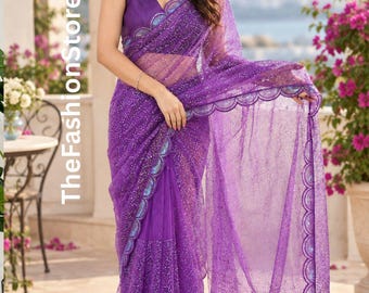 Purple Soft Net Saree with Thread & Sequin Embroidery, Elegant Party Wear Indian Saree, Designer Ethnic Outfit