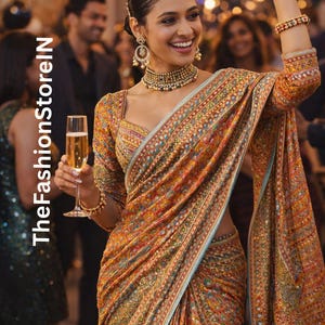 Chinon-zijden sari met echt spiegelwerk, kanten pallu - feestelijke Indiase trouwkleding ongestikte blouse, ongestikte sari zonder pico en herfst afbeelding 1