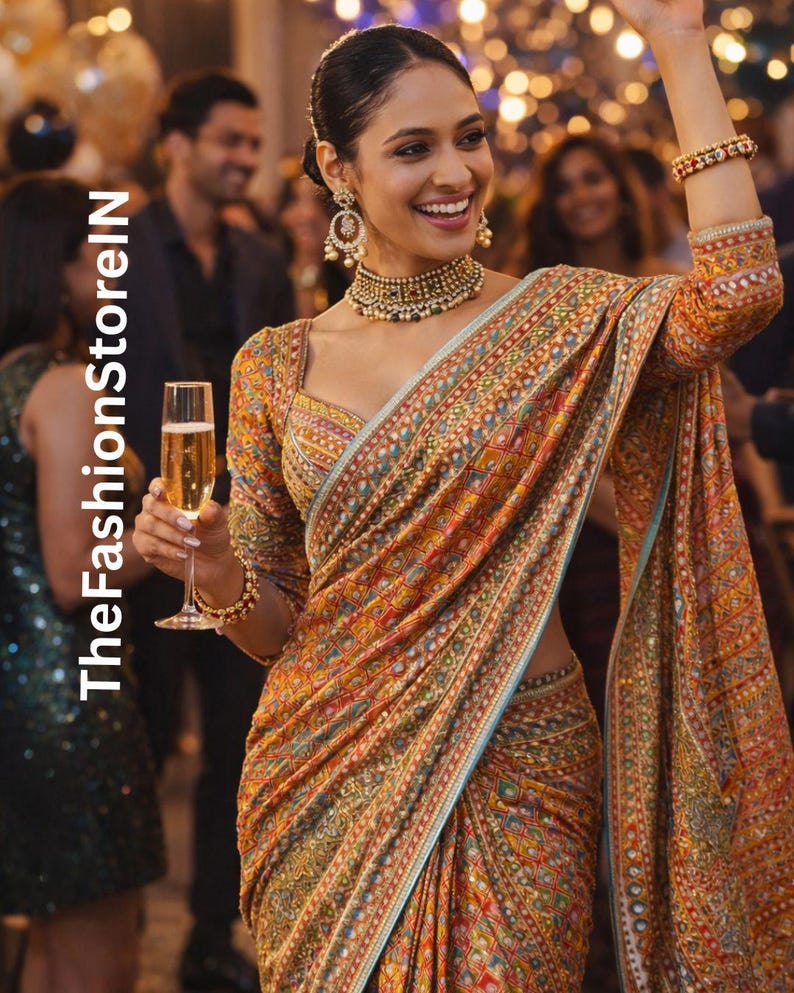 Chinon-zijden sari met echt spiegelwerk, kanten pallu - feestelijke Indiase trouwkleding ongestikte blouse, ongestikte sari zonder pico en herfst afbeelding 1