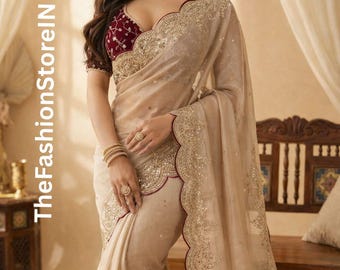 Pure Satin Saree – Beige Gold Sequin Zari Work, Festive Wedding Wear Sari