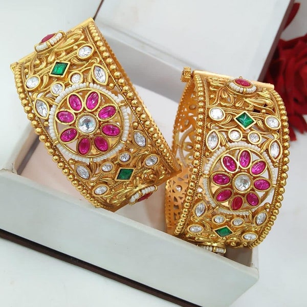 Royal Look Rajwadi Jadau Kada Navratana Pacheli Bangles Meenakari Hand-painted Kade Jadtar Openable Bangle Rajasthani Jewelry