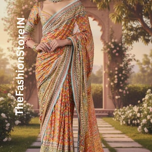 Chinon-zijden sari met echt spiegelwerk, kanten pallu - feestelijke Indiase trouwkleding ongestikte blouse, ongestikte sari zonder pico en herfst afbeelding 6