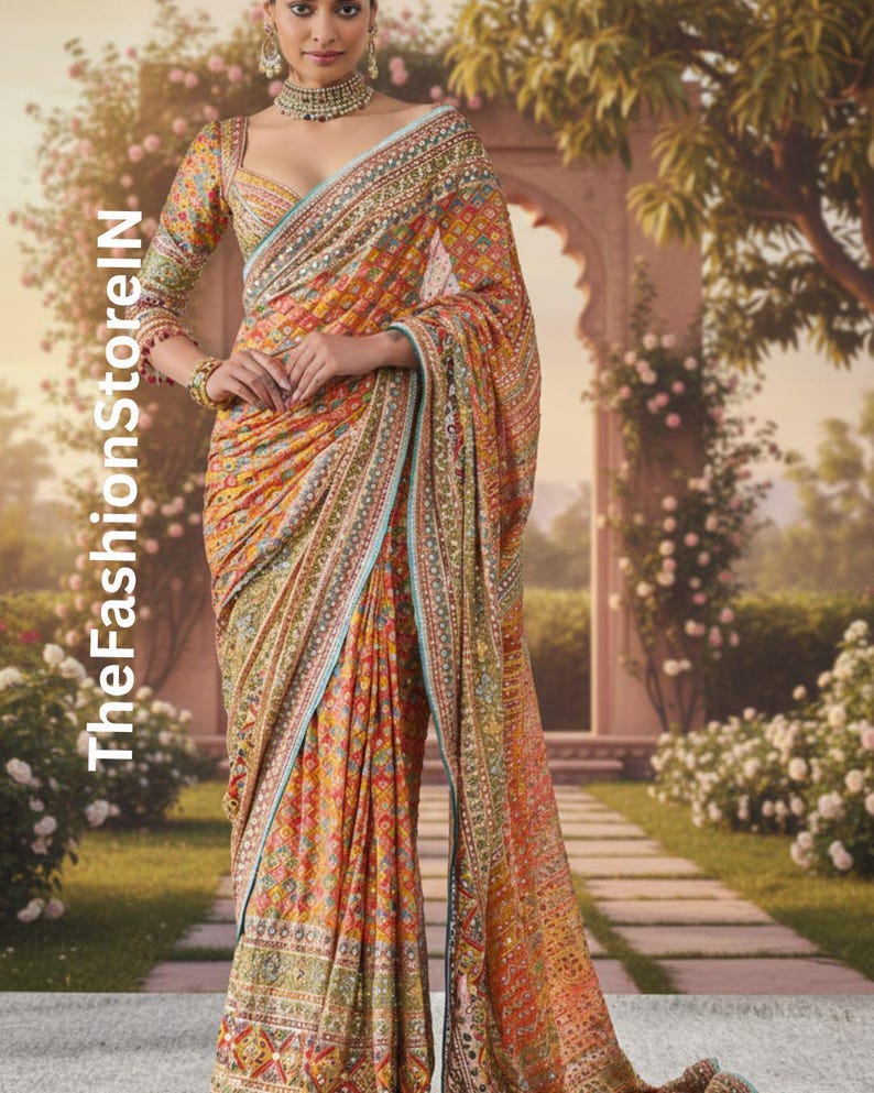 Chinon-zijden sari met echt spiegelwerk, kanten pallu - feestelijke Indiase trouwkleding ongestikte blouse, ongestikte sari zonder pico en herfst afbeelding 6