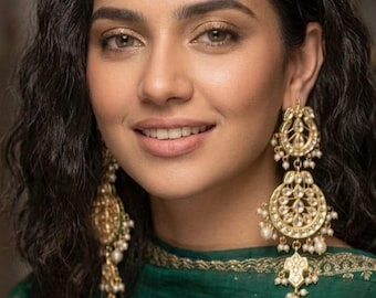 Jadau Kundan Polki Long Indo-Pakistani Style Earrings: Indian Bridal Wedding Jhumki