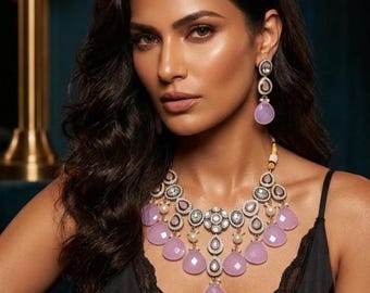 Lavender Kundan Necklace Set, Ruby Tone Necklace, Indian Bridal Jewelry