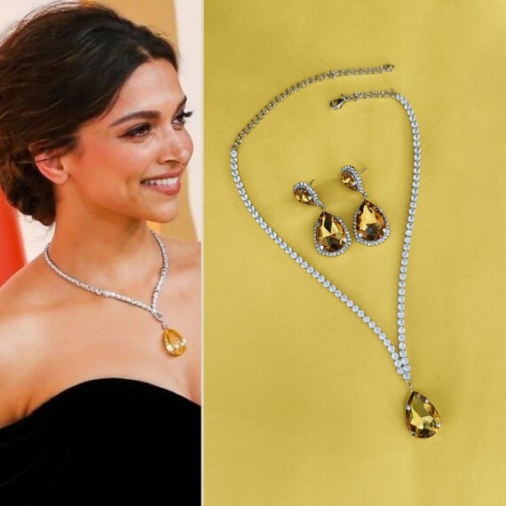 Deepika Padukone Oscar Inspired Faux Yellow Topaz Zirconium Diamond Necklace Earrings Halo Jewelry Set Art Deco CZ Diamond Bridal Choker Etsy UK