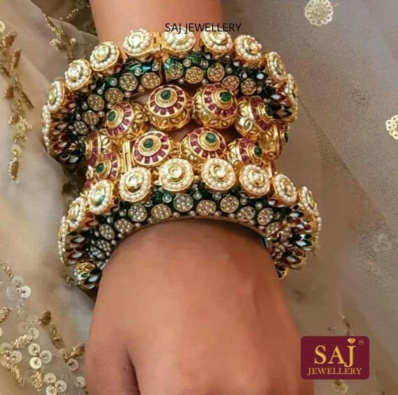 Multicolor Rajwadi Jadau Kada 4 Navratana Pacheli Bangles