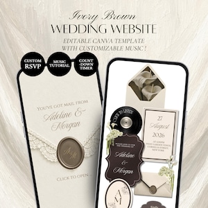 Plantilla de sitio web de boda en tonos marfil y marrón / Invitación digital editable en Canva con confirmación de asistencia y música.