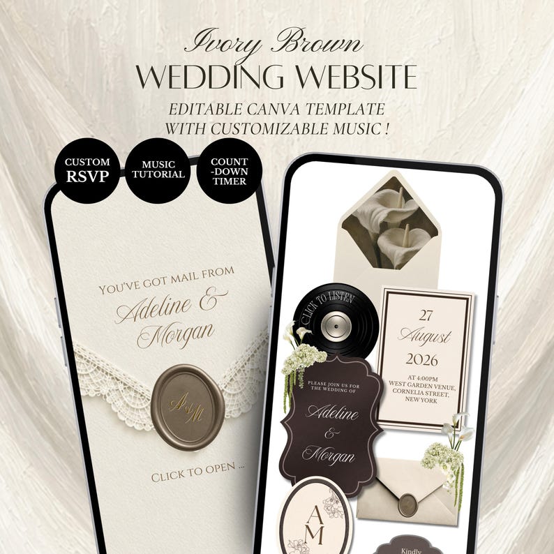 Ivory & Brown Wedding Website Template | Editable Canva Digital Invitation with RSVP and Music