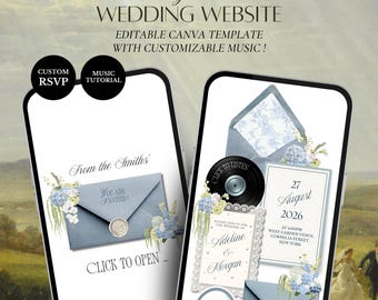 Dusty Blue Floral Wedding Website Template | Editable Canva Invitation with RSVP (Digital Download)