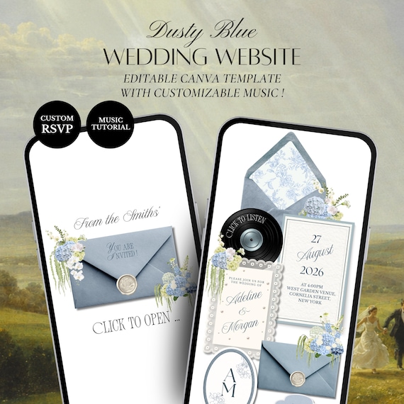 Dusty Blue Floral Wedding Website Template | Editable Canva Digital Invitation with RSVP and Music